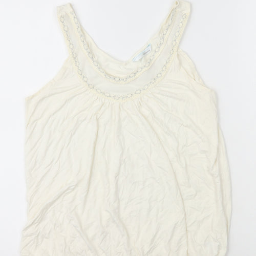 AMARANTO Womens Ivory Herringbone Viscose Basic Tank Size 14 Round Neck - Mesh Detail on Neck