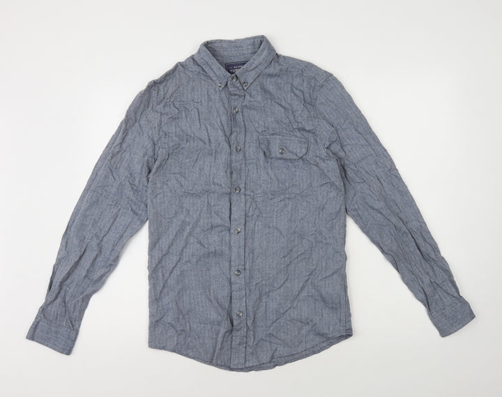 Topman Mens Blue Herringbone Cotton Button-Up Size S Collared Button