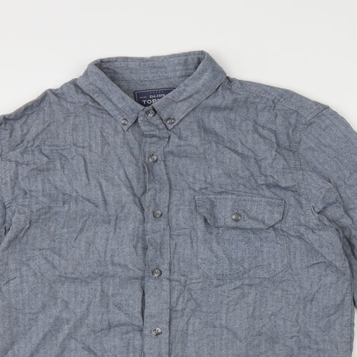 Topman Mens Blue Herringbone Cotton Button-Up Size S Collared Button