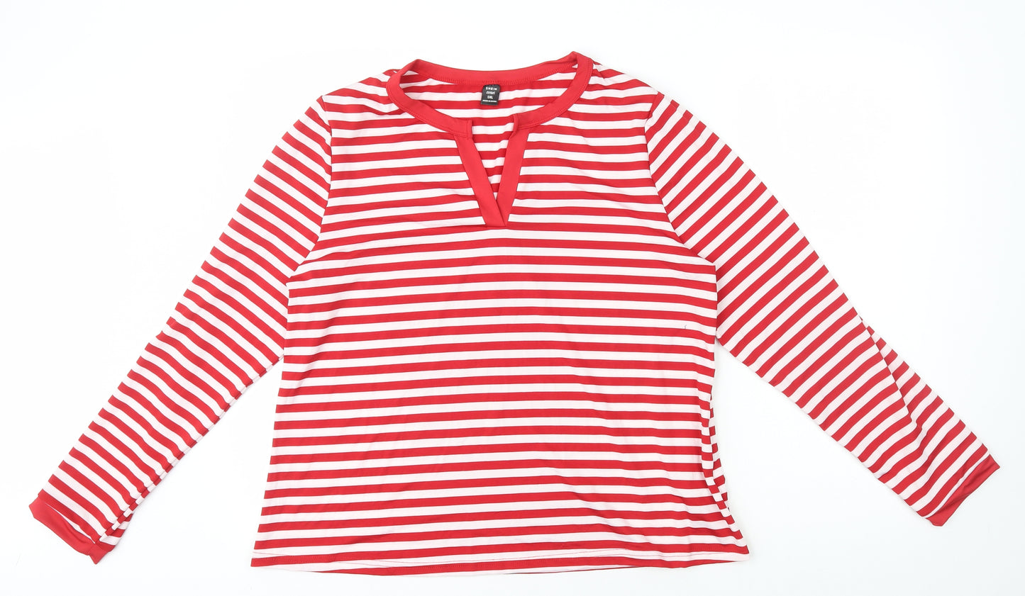 SheIn Womens Red Striped Polyester Basic T-Shirt Size XL V-Neck