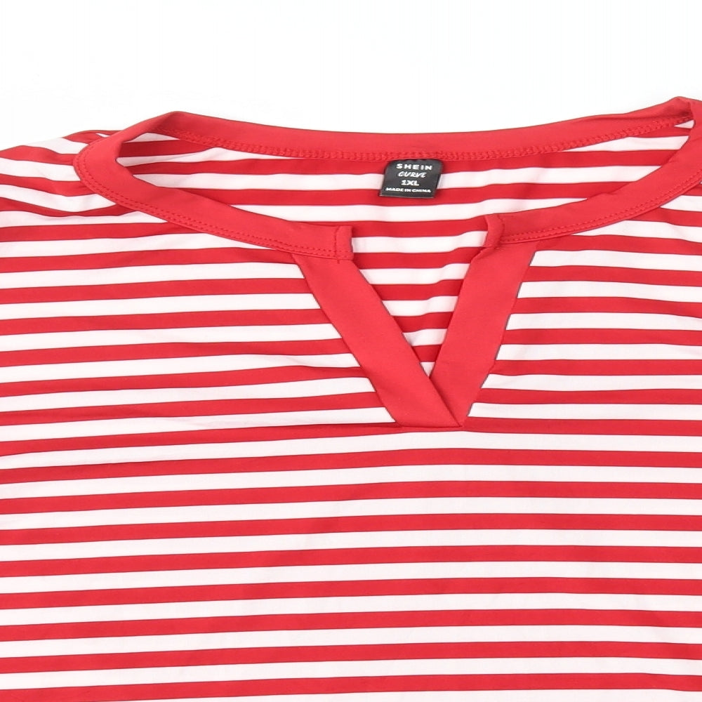 SheIn Womens Red Striped Polyester Basic T-Shirt Size XL V-Neck