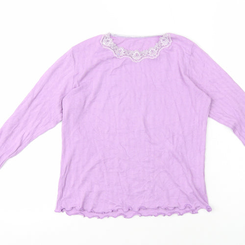 Dunnes Womens Purple 100% Cotton Basic T-Shirt Size 8 Round Neck - Lace Trim Lettuce Hem