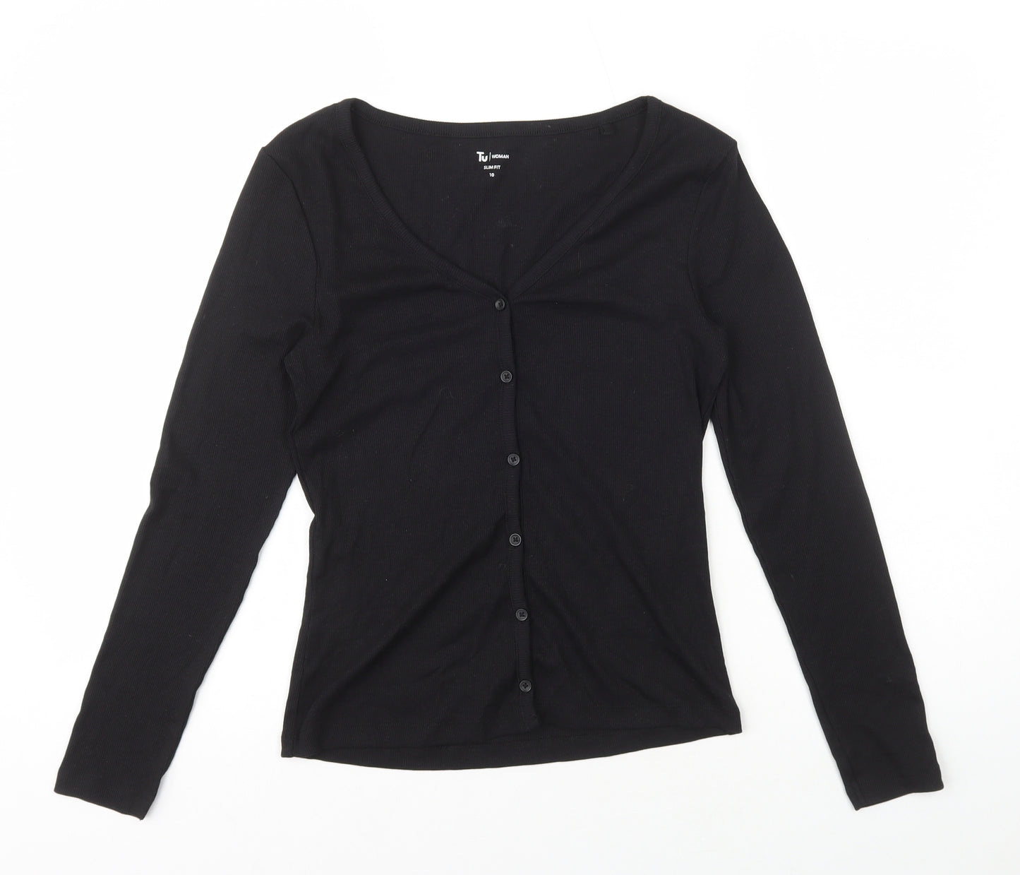 TU Womens Black Cotton Basic Button-Up Size 10 V-Neck - Ribbed