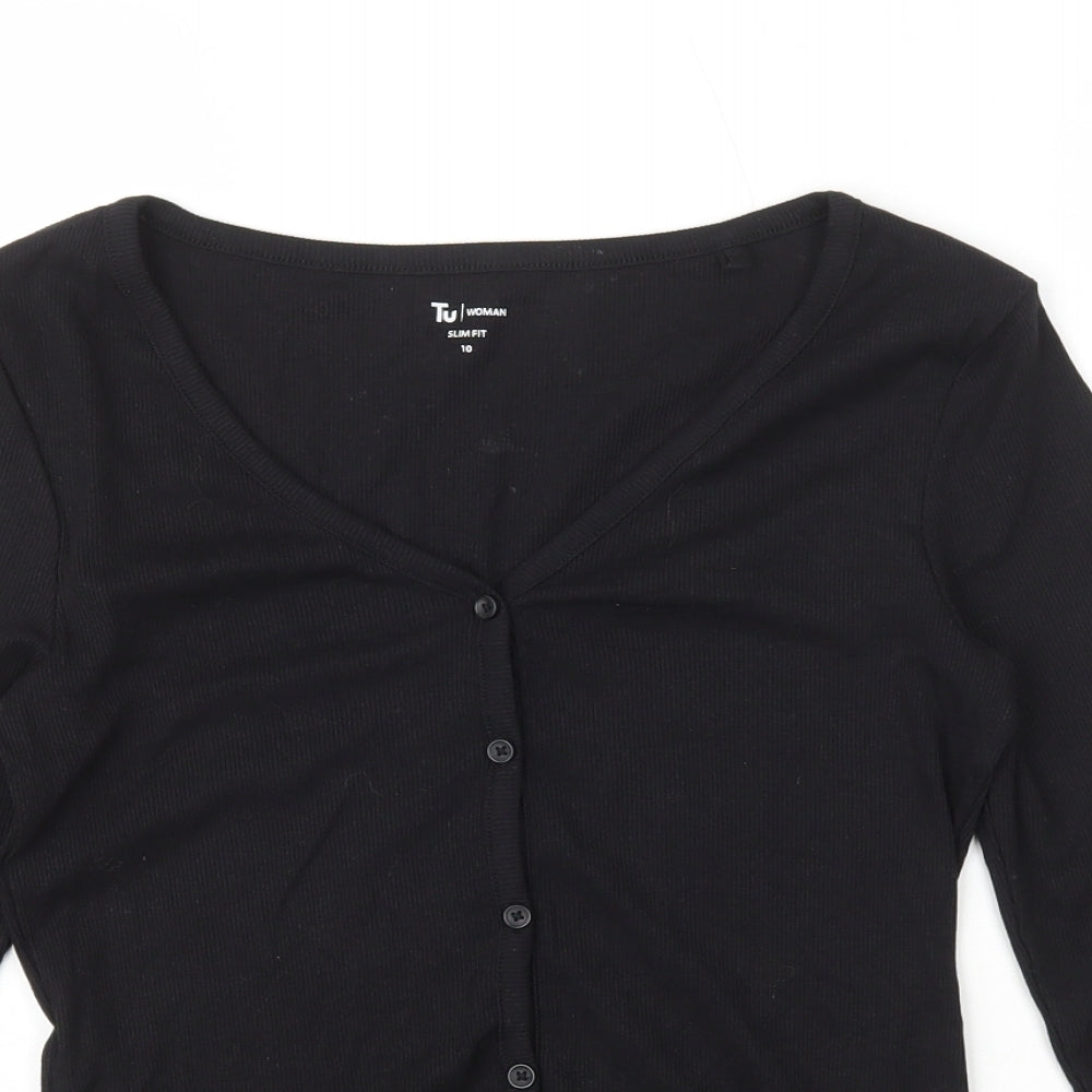 TU Womens Black Cotton Basic Button-Up Size 10 V-Neck - Ribbed