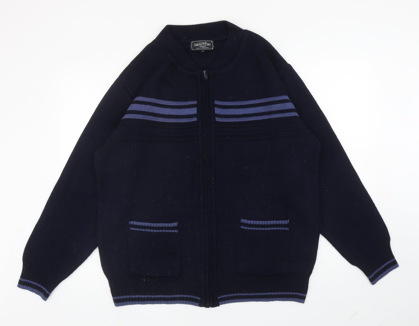 Lupa Mens Blue Round Neck Striped Acrylic Full Zip Jumper Size M