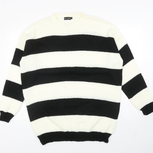 PRETTYLITTLETHING Womens Ivory Round Neck Striped Acrylic Tunic Jumper Size S
