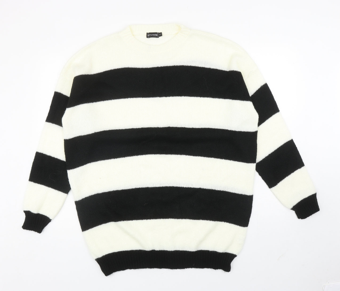 PRETTYLITTLETHING Womens Ivory Round Neck Striped Acrylic Tunic Jumper Size S