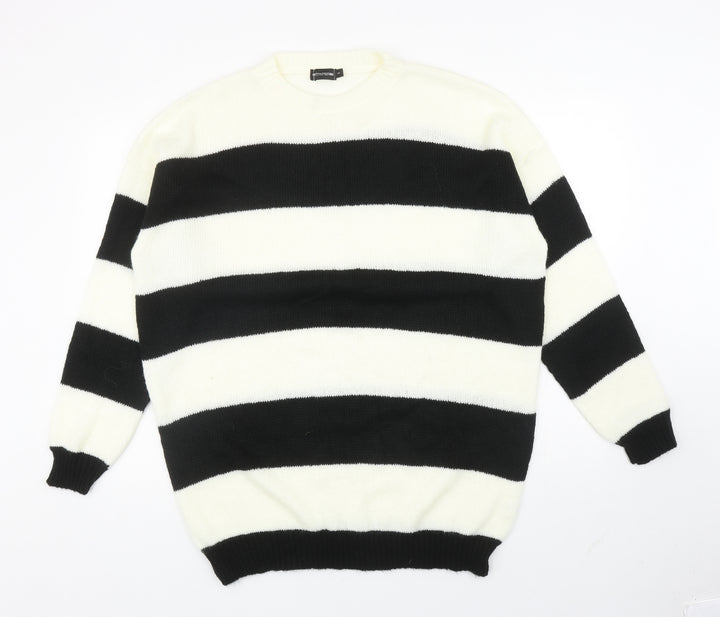 PRETTYLITTLETHING Womens Ivory Round Neck Striped Acrylic Tunic Jumper Size S