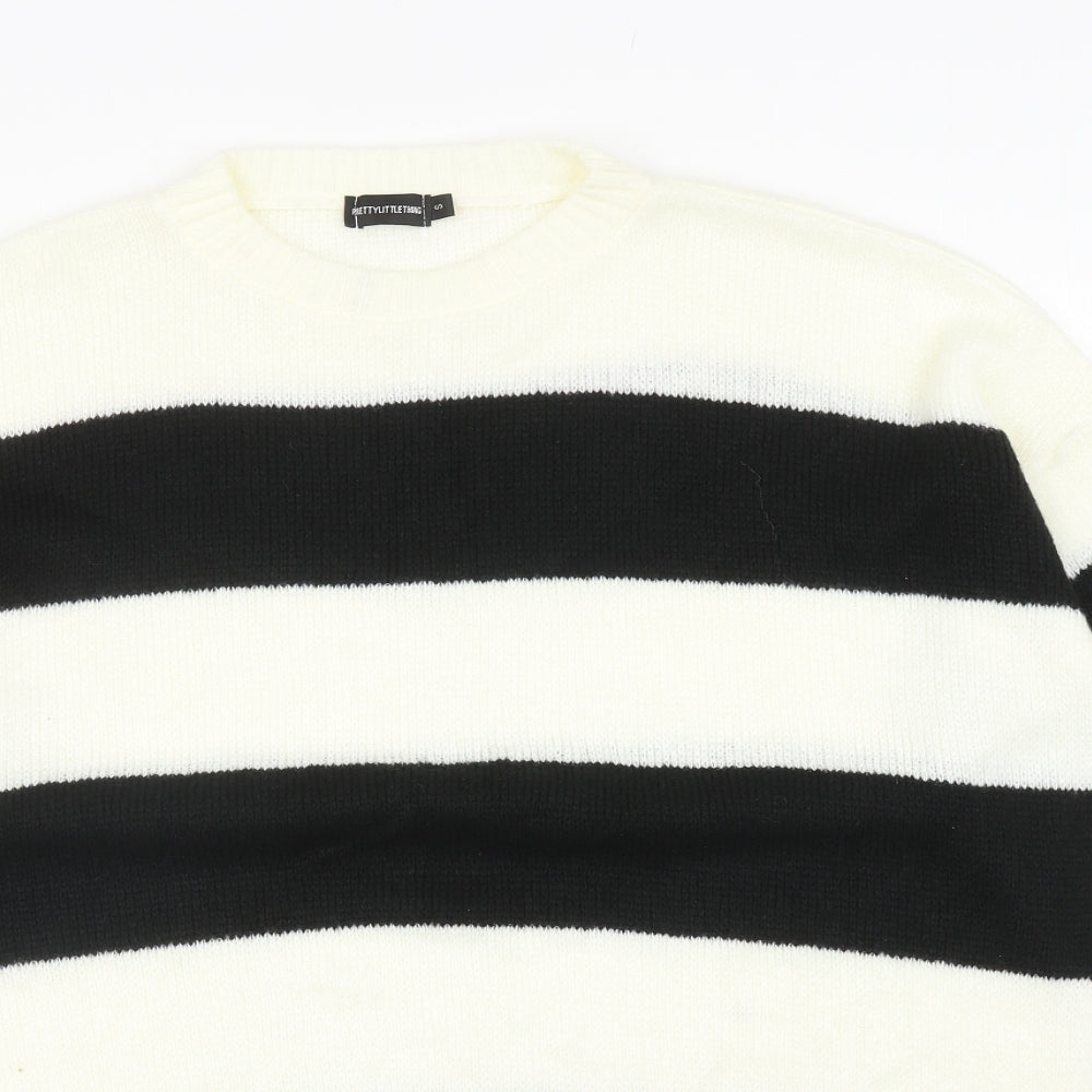 PRETTYLITTLETHING Womens Ivory Round Neck Striped Acrylic Tunic Jumper Size S