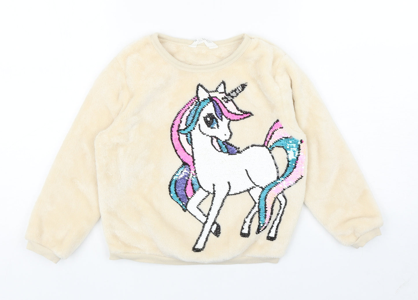 H&M Girls Beige 100% Polyester Top Lounge Set Size 4-5 Years Pullover - Unicorn