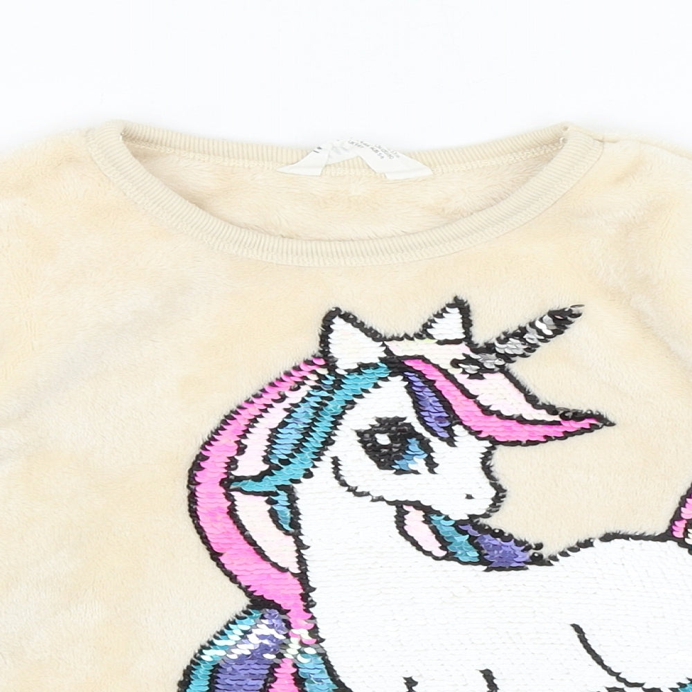 H&M Girls Beige 100% Polyester Top Lounge Set Size 4-5 Years Pullover - Unicorn