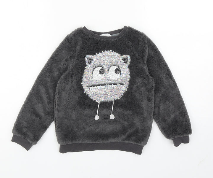 H&M Girls Grey Solid 100% Polyester Top Lounge Set Size 5-6 Years Pullover - Monster