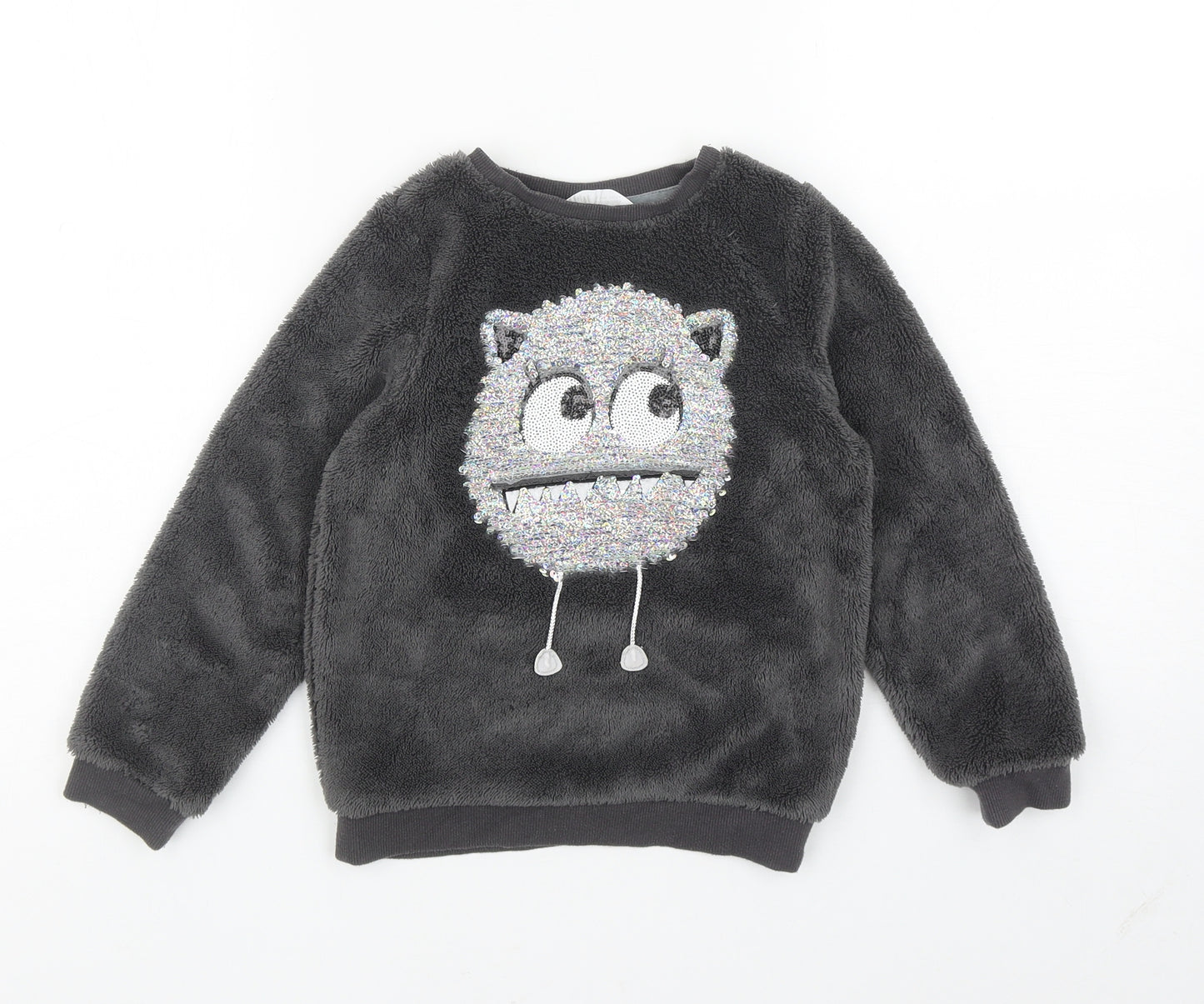 H&M Girls Grey Solid 100% Polyester Top Lounge Set Size 5-6 Years Pullover - Monster