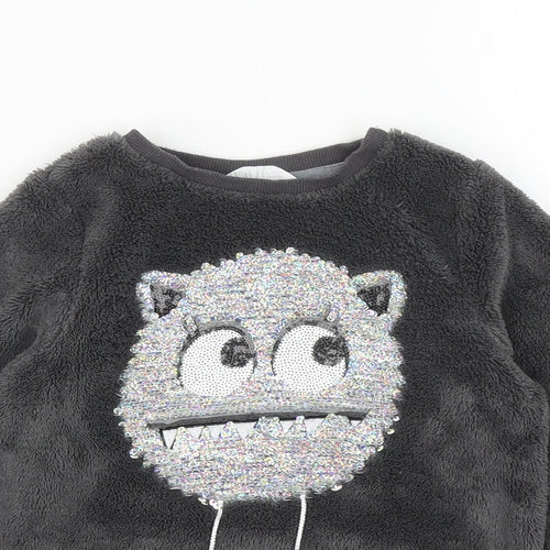 H&M Girls Grey Solid 100% Polyester Top Lounge Set Size 5-6 Years Pullover - Monster