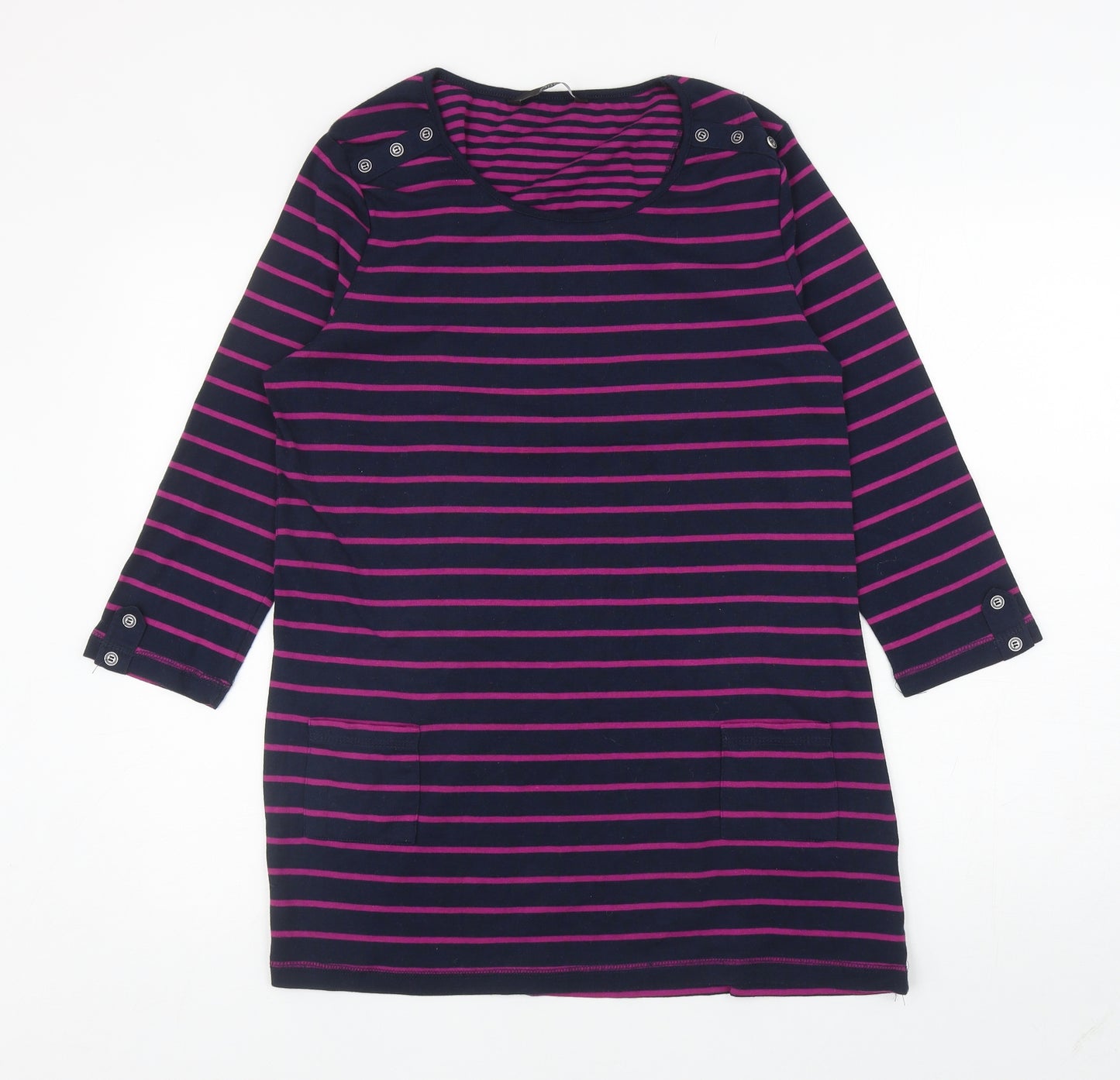 Bonmarché Womens Blue Striped Cotton Tunic T-Shirt Size M Scoop Neck