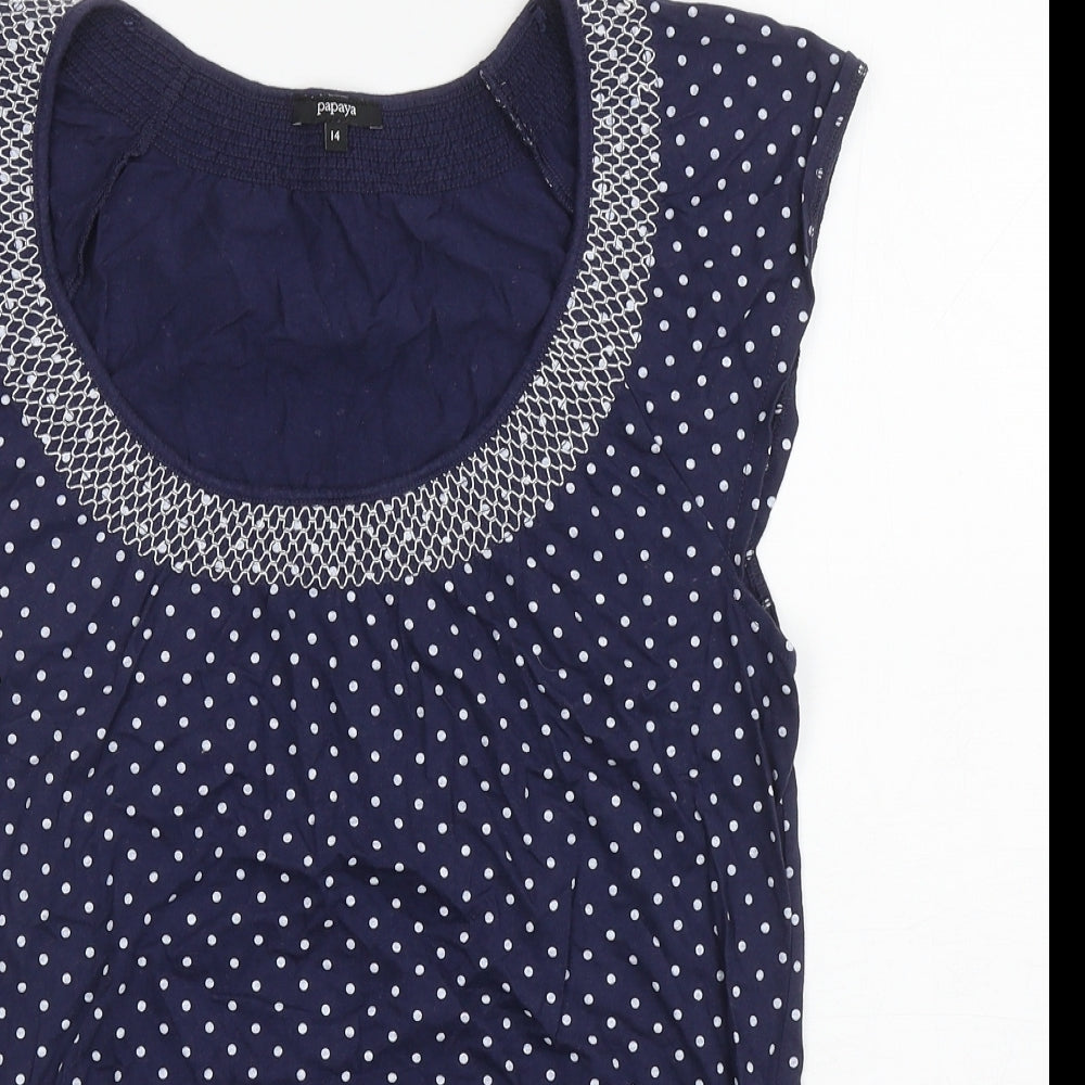 Papaya Womens Blue Polka Dot Cotton Basic Tank Size 14 Scoop Neck