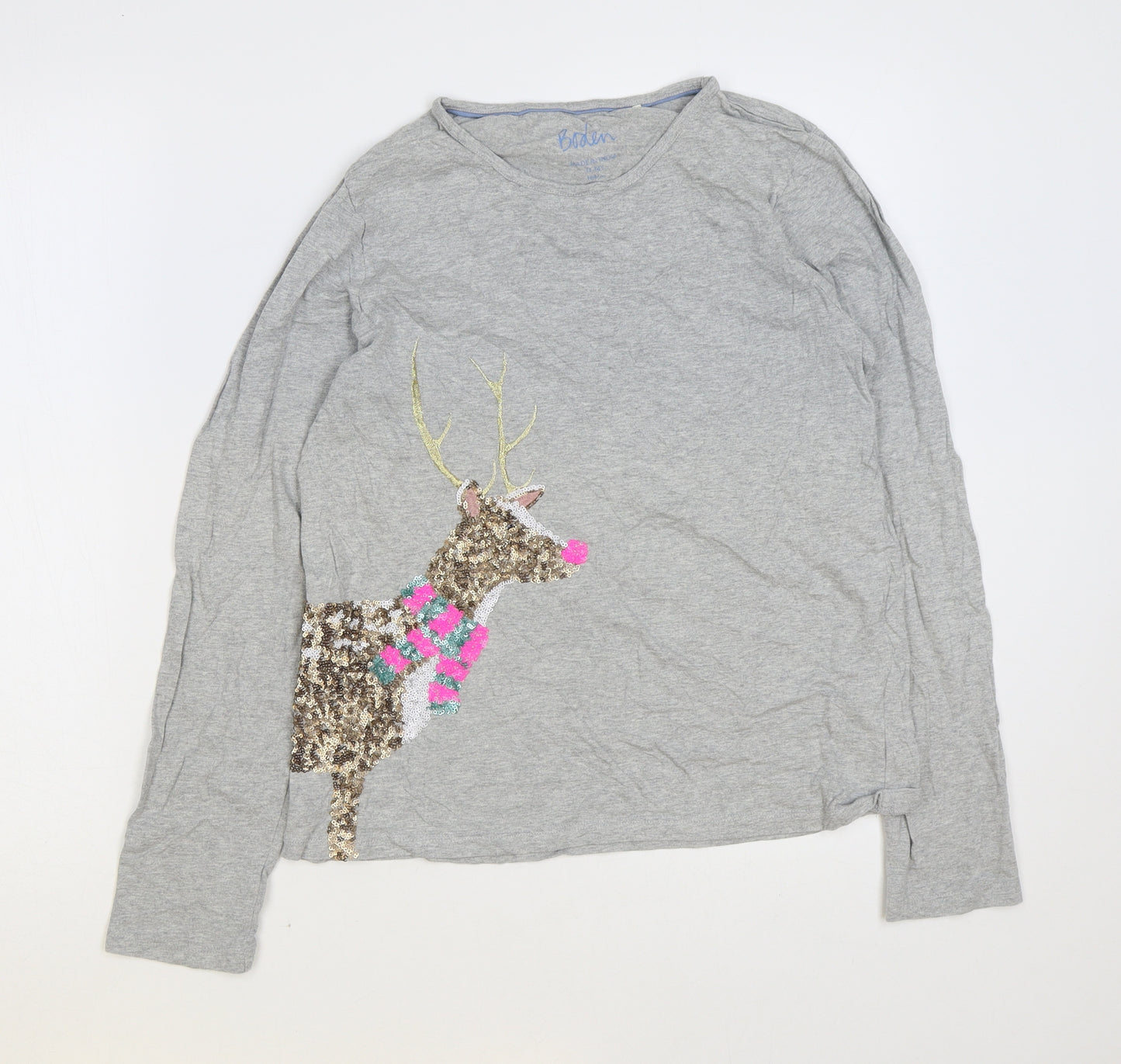 Boden Girls Grey Cotton Basic T-Shirt Size 13-14 Years Round Neck Pullover - Christmas Reindeer