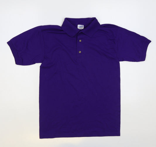 Front view of Gildan men’s purple cotton polo, size S, collared button