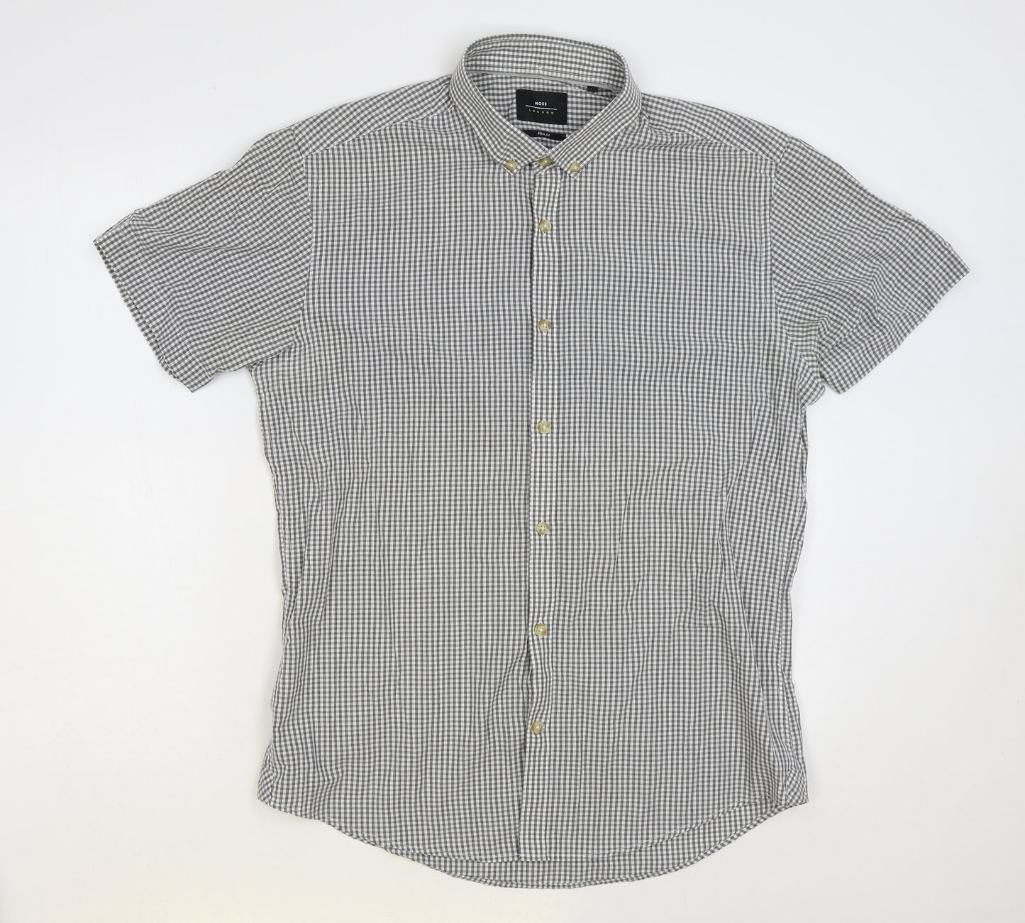 Moss Mens Grey Check Cotton Button-Up Size L Collared Button