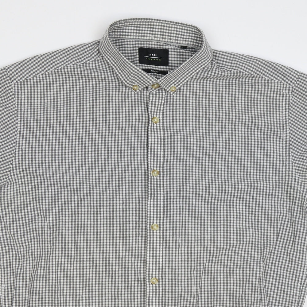 Moss Mens Grey Check Cotton Button-Up Size L Collared Button