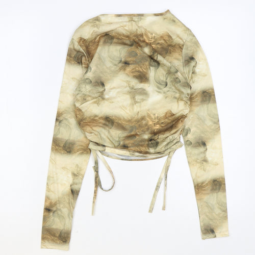 PRETTYLITTLETHING Womens Green Geometric Polyester Cropped T-Shirt Size 8 Round Neck