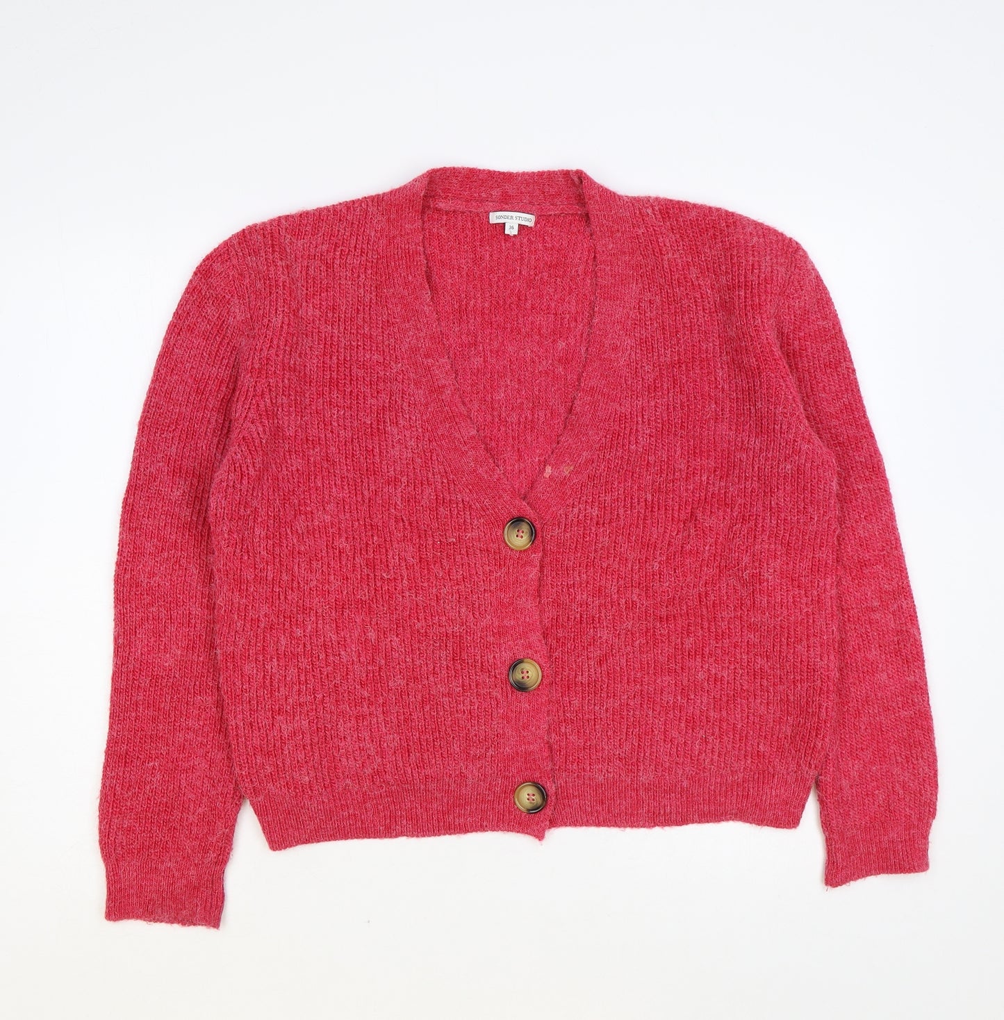 Sonder Studio Womens Pink V-Neck Acrylic Cardigan Jumper Size 16