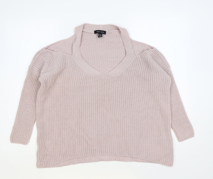 New Look Womens Pink V-Neck Acrylic Pullover Jumper Size S