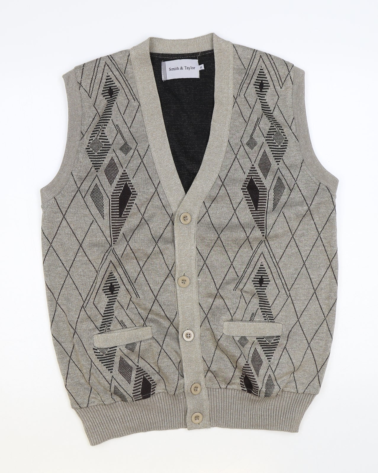 Smith & Taylor Mens Beige V-Neck Argyle/Diamond Acrylic Cardigan Jumper Size M