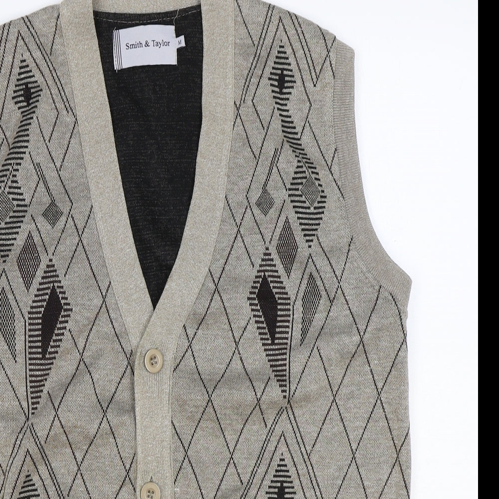 Smith & Taylor Mens Beige V-Neck Argyle/Diamond Acrylic Cardigan Jumper Size M
