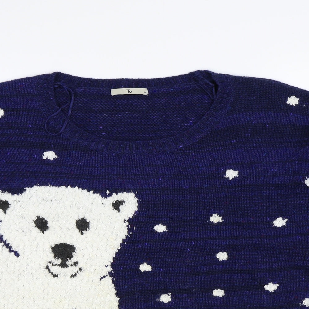 TU Womens Blue Round Neck Acrylic Pullover Jumper Size 16 - Christmas Jumper