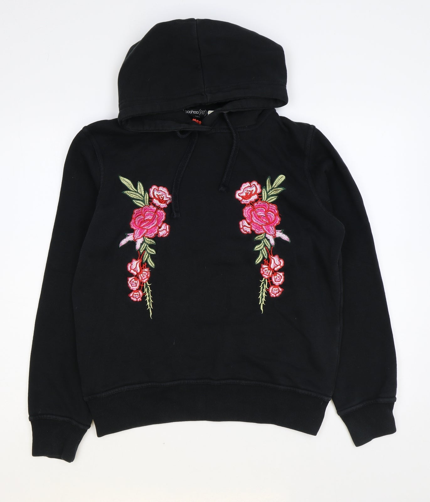 Boohoo Womens Black Floral Cotton Pullover Hoodie Size 12 Pullover