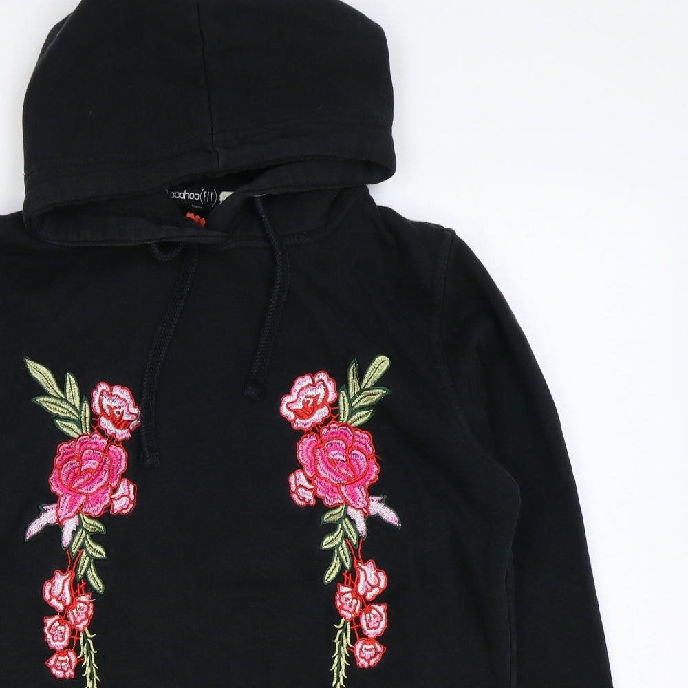 Boohoo Womens Black Floral Cotton Pullover Hoodie Size 12 Pullover