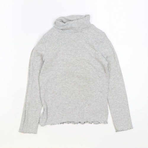 Marks and Spencer Girls Grey Roll Neck Cotton Pullover Jumper Size 8-9 Years Pullover