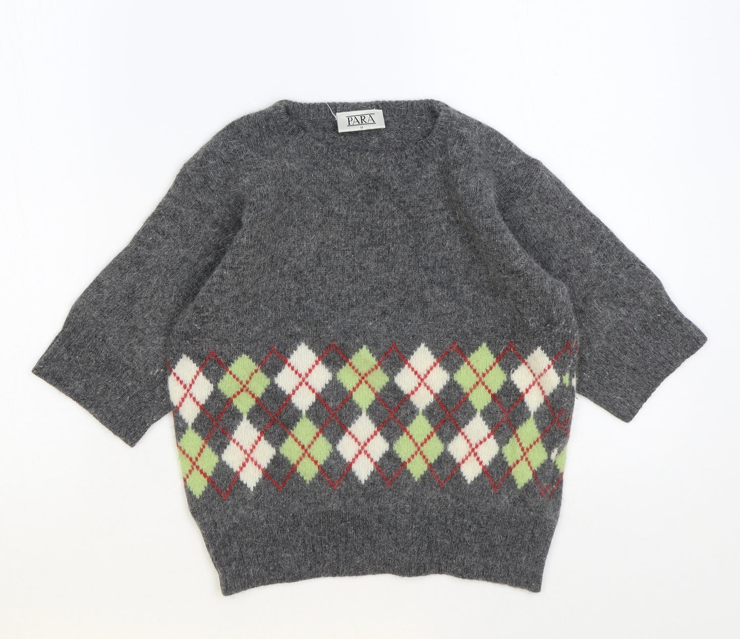 Para Womens Grey Round Neck Argyle/Diamond Wool Pullover Jumper Size M