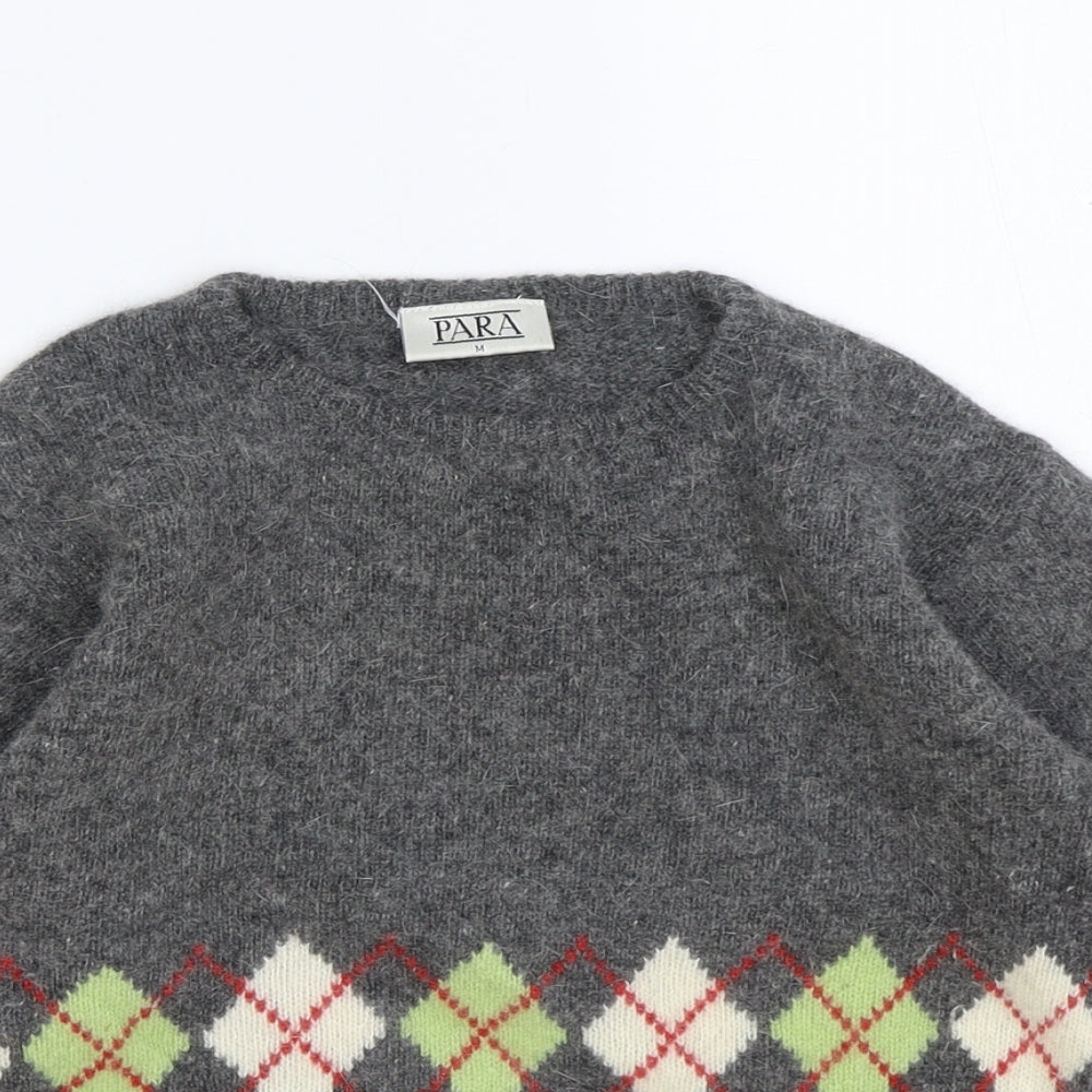 Para Womens Grey Round Neck Argyle/Diamond Wool Pullover Jumper Size M