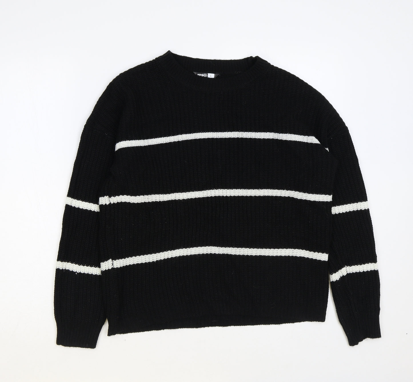PEP&CO Womens Black Round Neck Striped Acrylic Pullover Jumper Size L