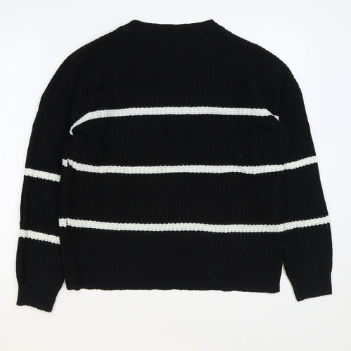 PEP&CO Womens Black Round Neck Striped Acrylic Pullover Jumper Size L