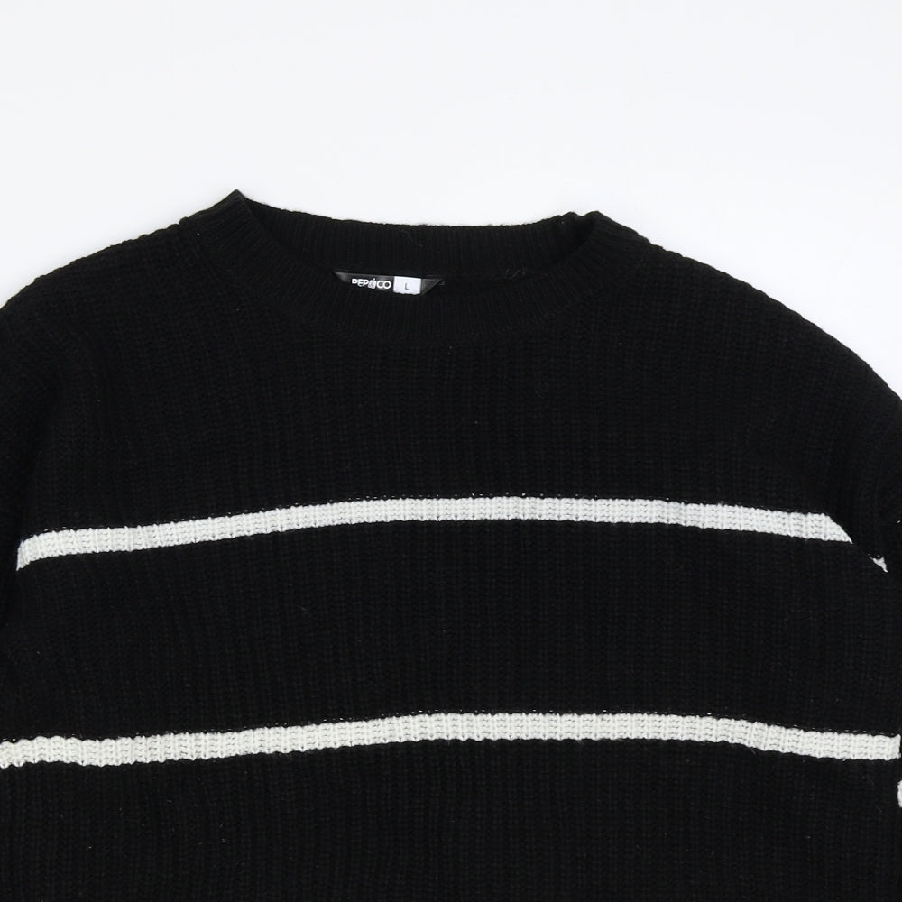 PEP&CO Womens Black Round Neck Striped Acrylic Pullover Jumper Size L