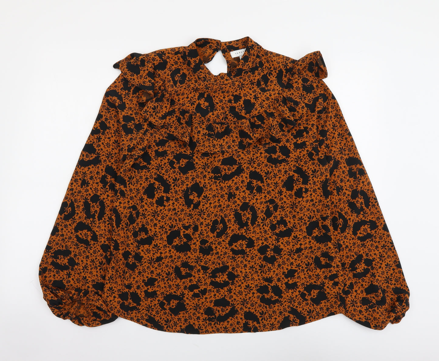 Topshop Womens Brown Animal Print Polyester Basic Blouse Size 8 Mock Neck - Leopard Print