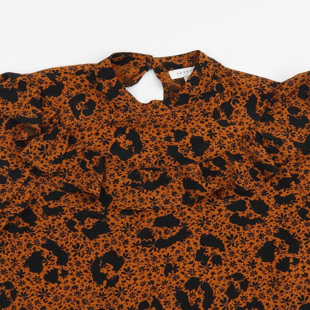 Topshop Womens Brown Animal Print Polyester Basic Blouse Size 8 Mock Neck - Leopard Print