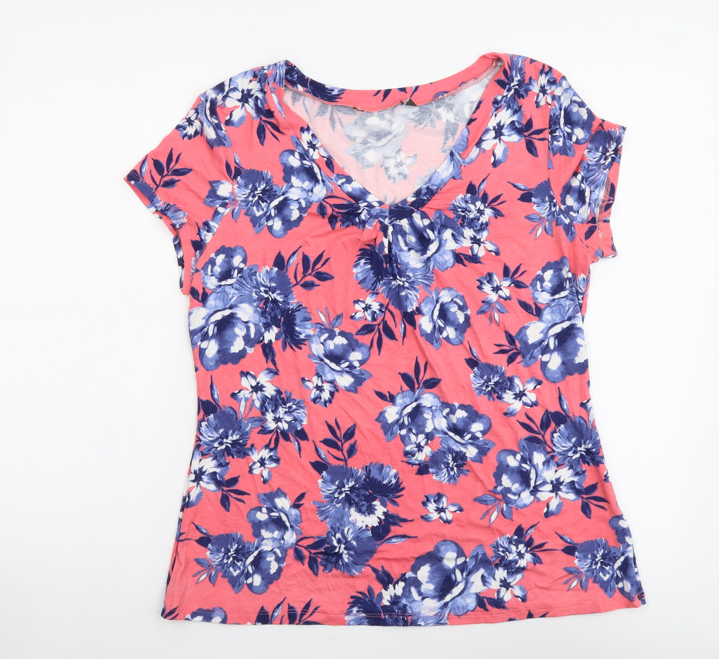 Marks and Spencer Womens Pink Floral Viscose Basic T-Shirt Size 16 V-Neck