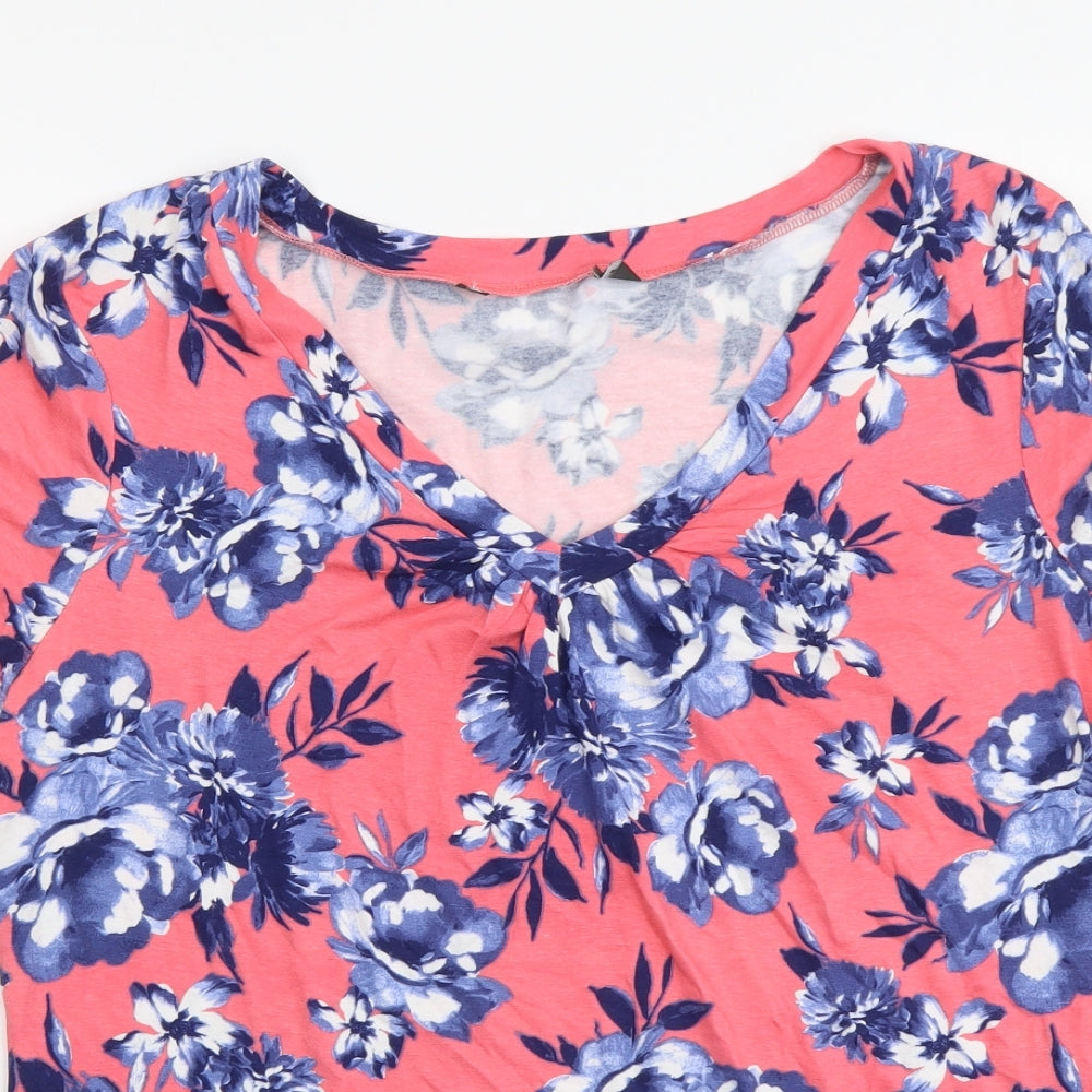 Marks and Spencer Womens Pink Floral Viscose Basic T-Shirt Size 16 V-Neck