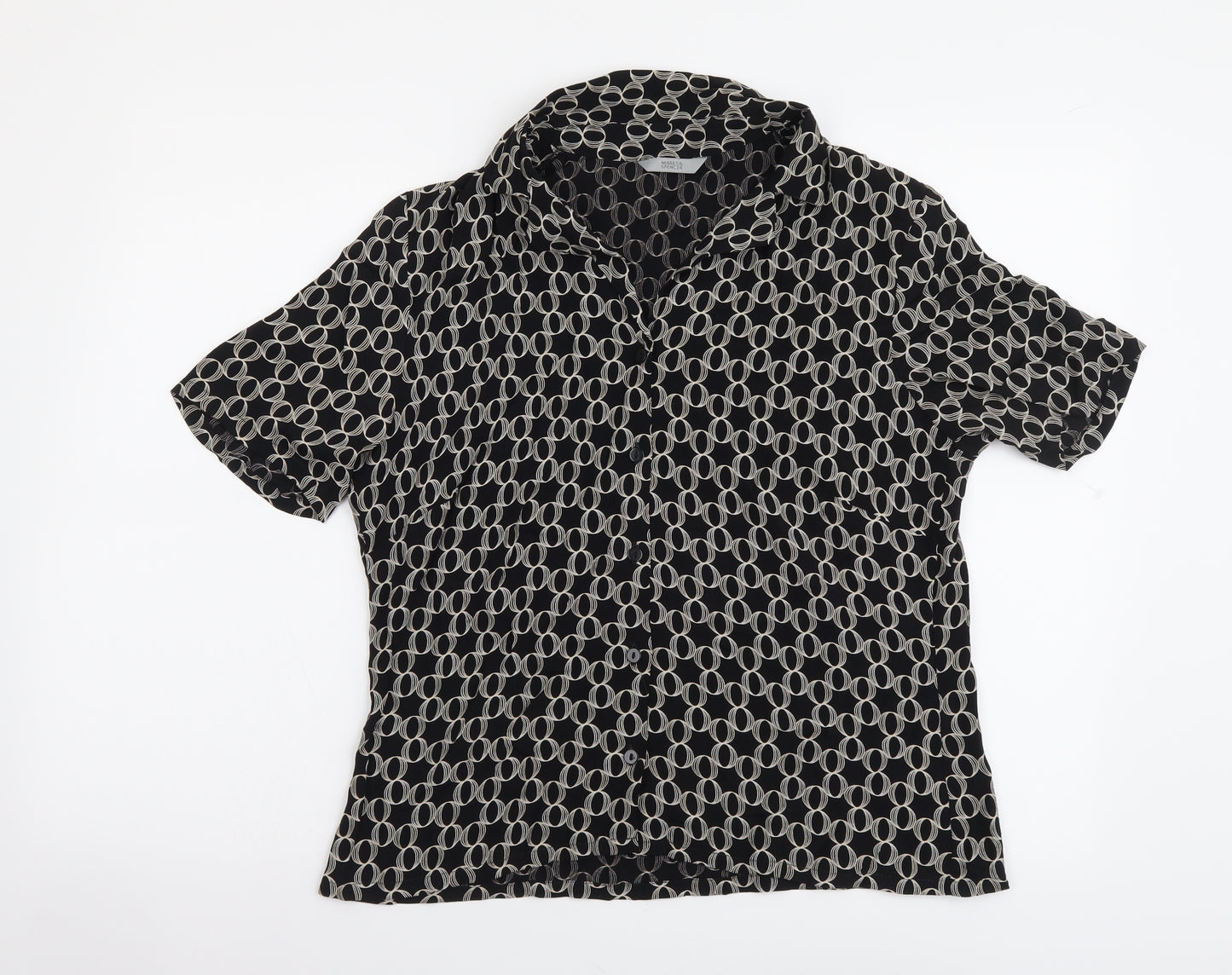 Marks and Spencer Womens Black Geometric Viscose Basic Blouse Size 14 Collared