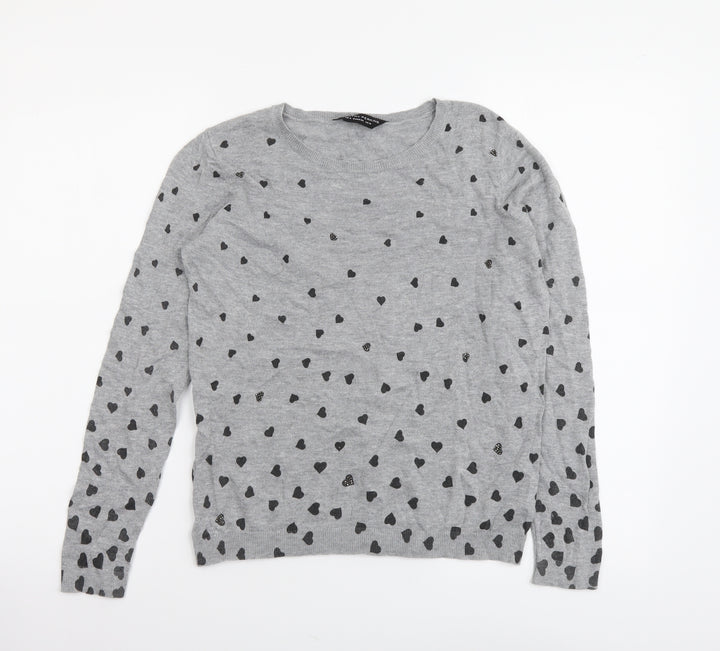 Dorothy Perkins Womens Grey Round Neck Geometric Cotton Pullover Jumper Size 10 - Hearts Pattern