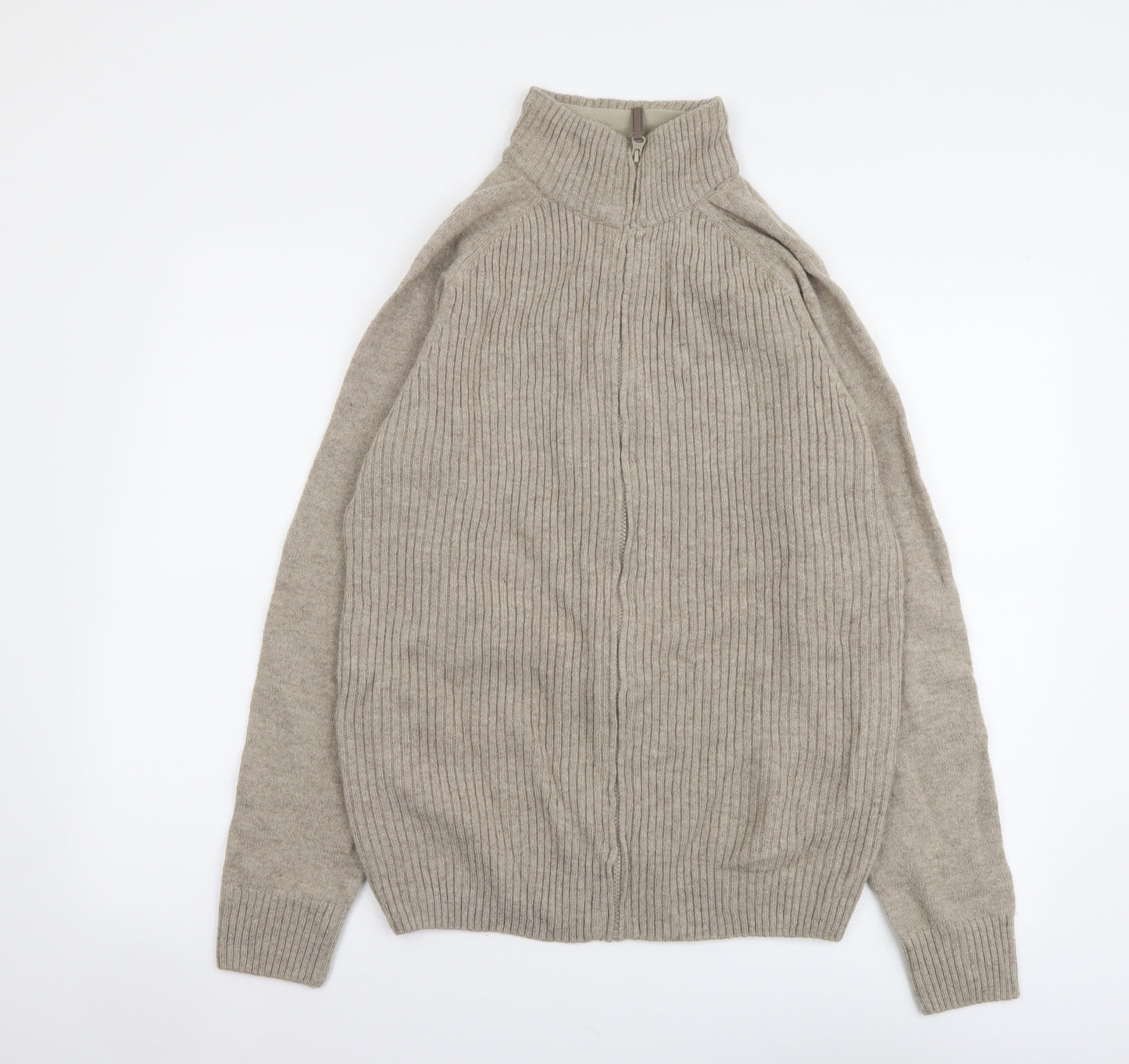 George Mens Beige High Neck Wool Full Zip Jumper Size M