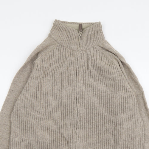 George Mens Beige High Neck Wool Full Zip Jumper Size M