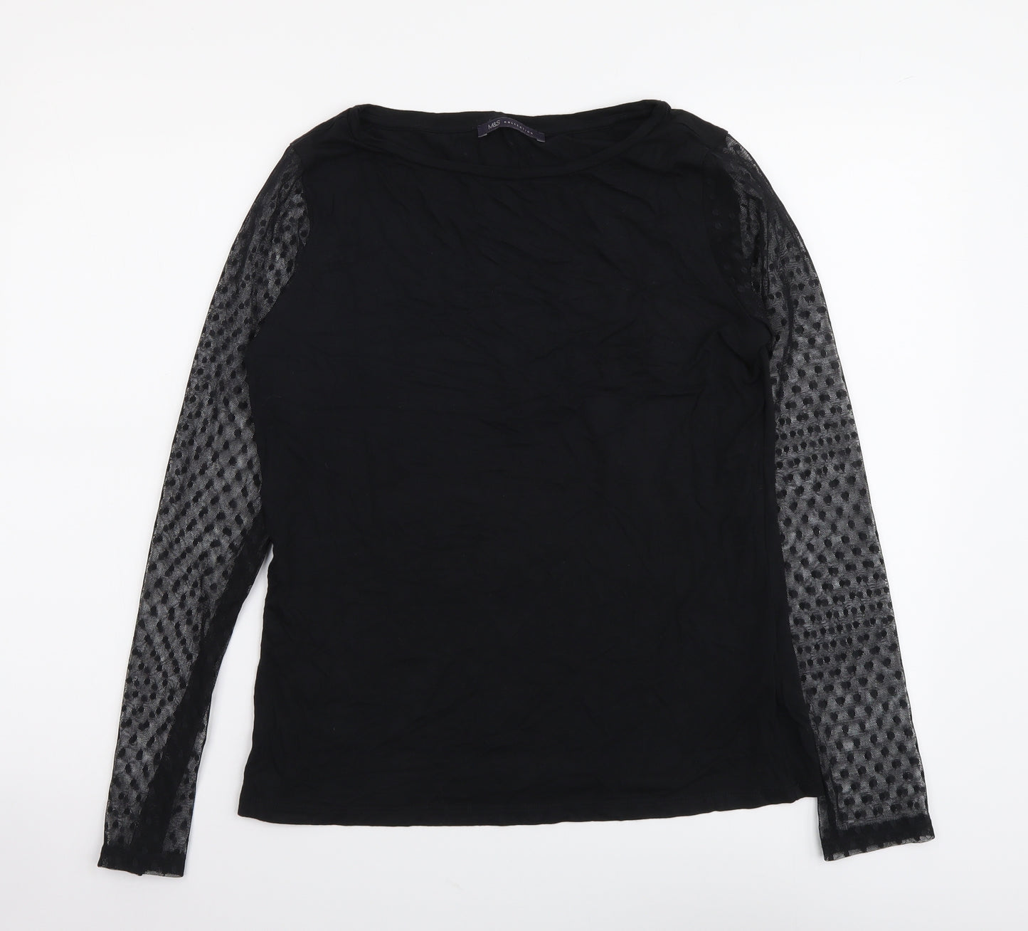 Marks and Spencer Womens Black Viscose Basic Blouse Size 12 Boat Neck - Mesh Sleeves