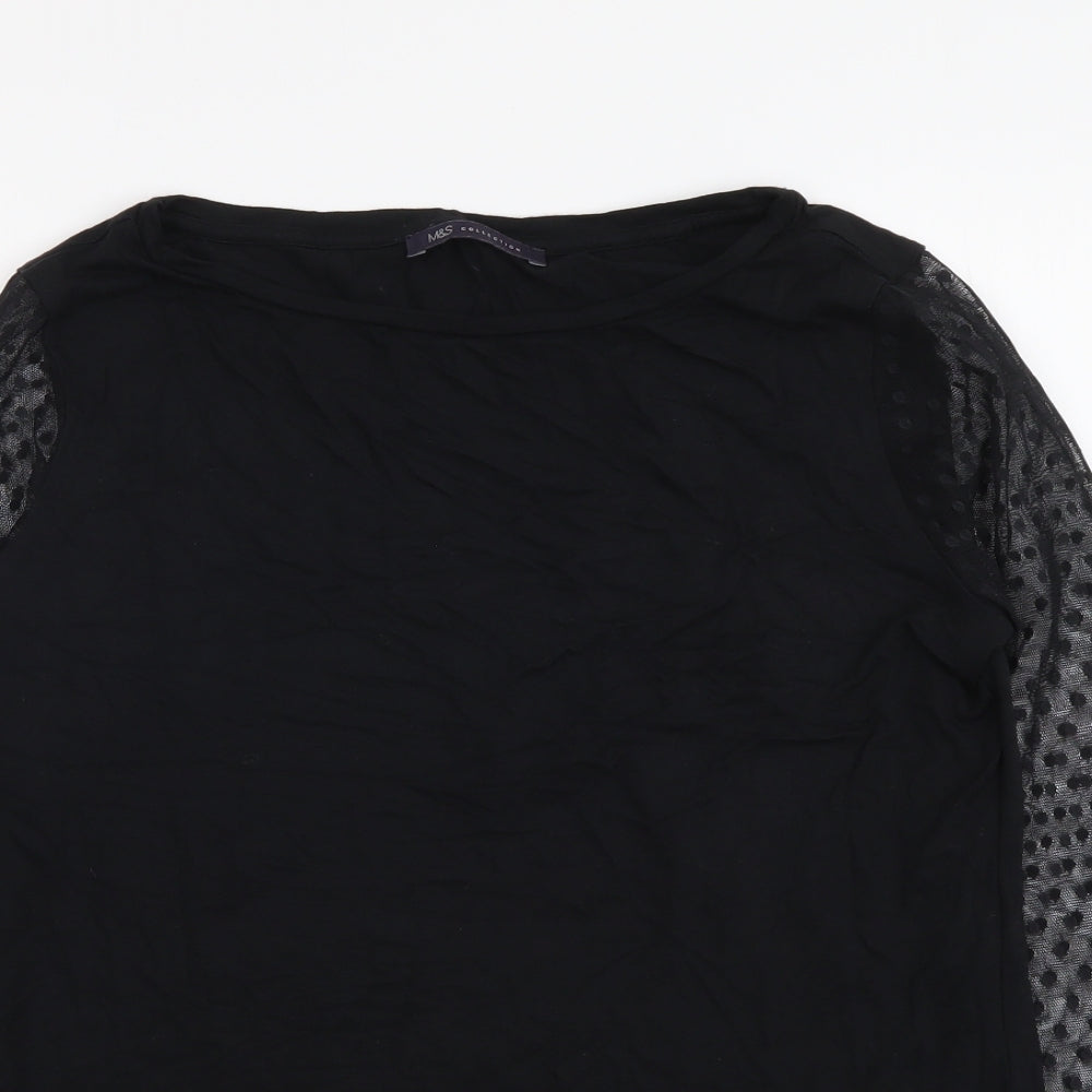 Marks and Spencer Womens Black Viscose Basic Blouse Size 12 Boat Neck - Mesh Sleeves