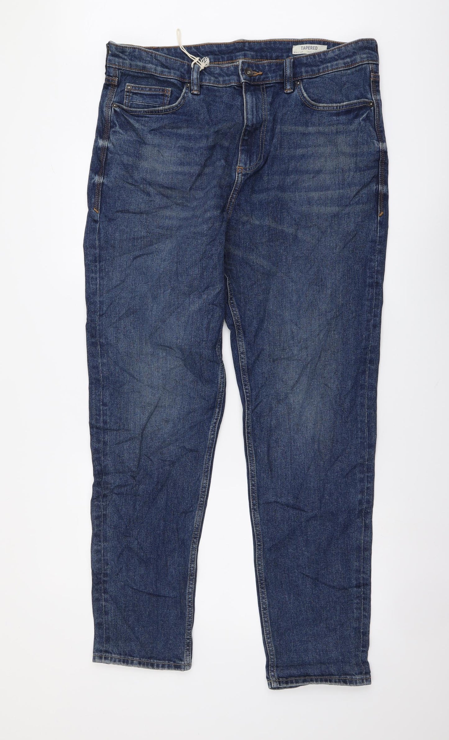Marks and Spencer Mens Blue Cotton Tapered Jeans Size 36 in L33 in Regular Button