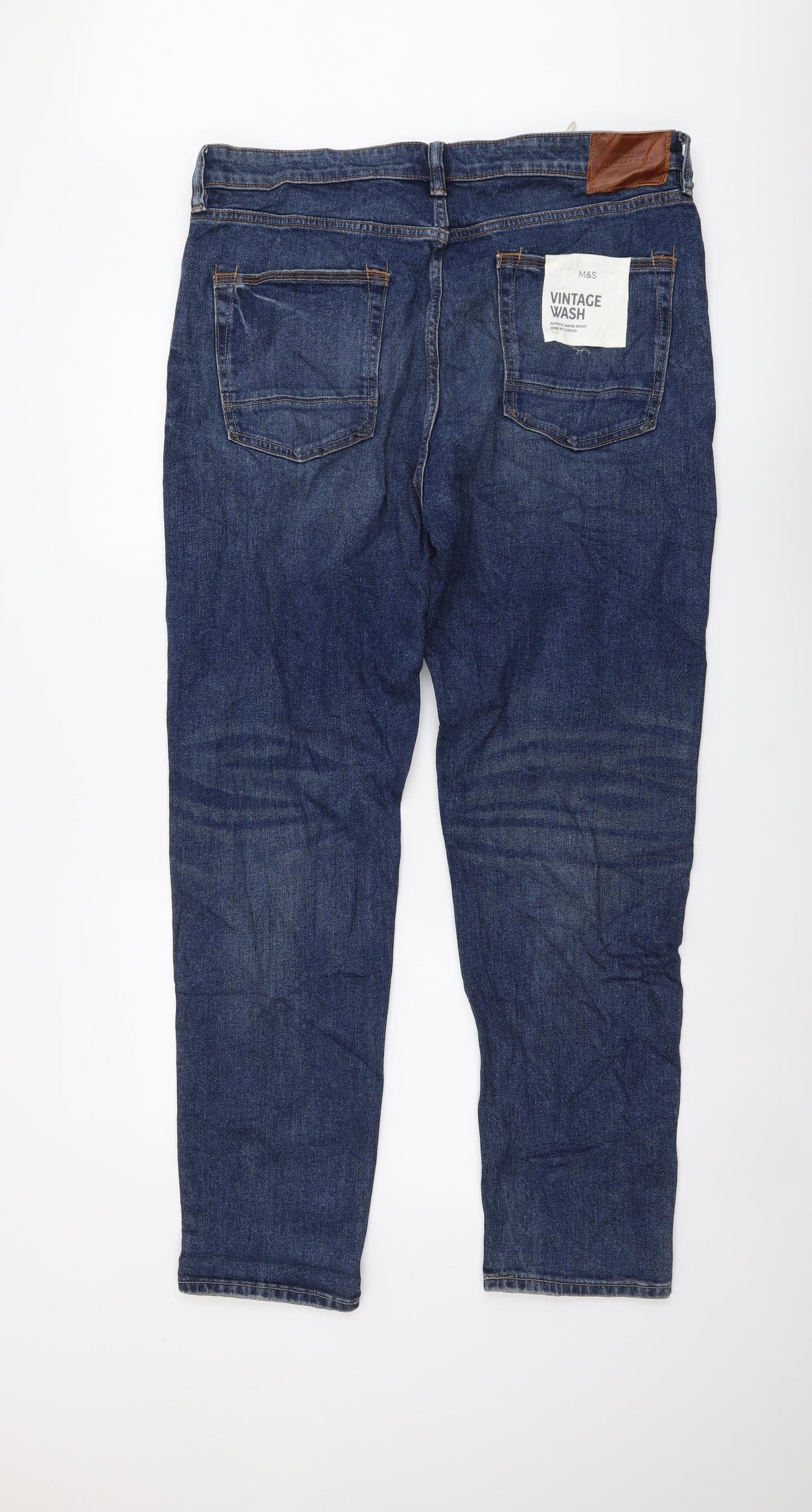 Marks and Spencer Mens Blue Cotton Tapered Jeans Size 36 in L33 in Regular Button